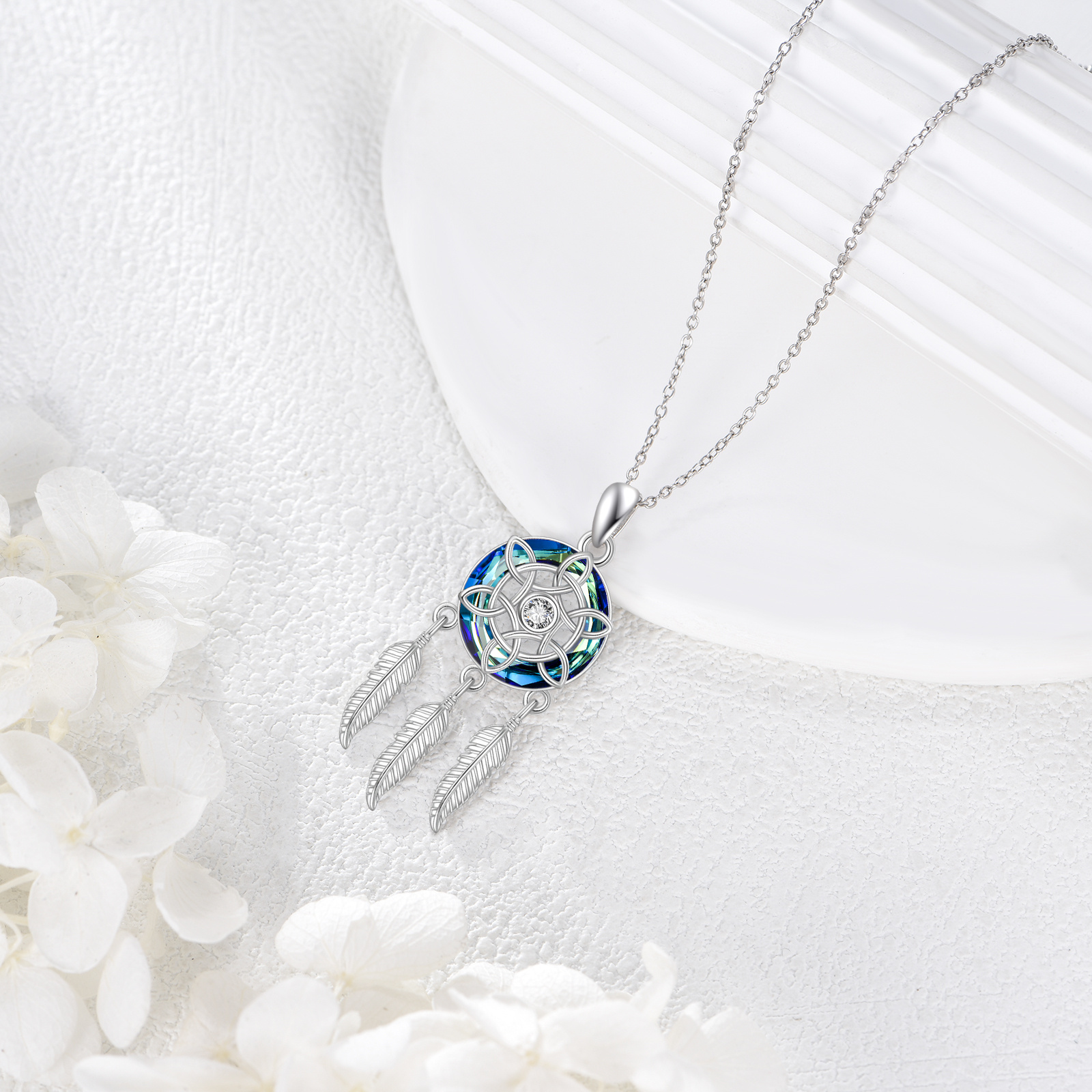 Dream Catcher Pendant Necklace, 925 Sterling Silver Feather Design